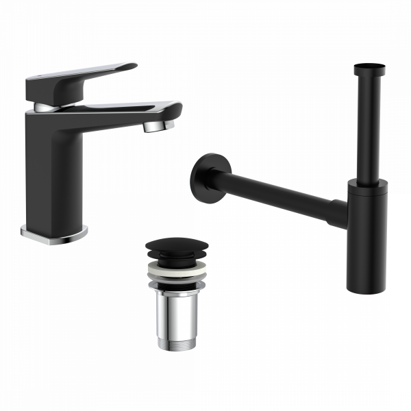 Bundle mit Badarmatur B2, Chrom/Schwarz, Ablaufgarnitur E2 in Schwarz und Flaschensiphon in Schwarz