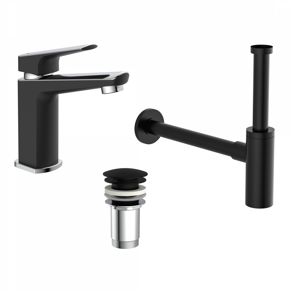 Bundle mit Badarmatur B2, Chrom/Schwarz, Ablaufgarnitur E2 in Schwarz und Flaschensiphon in Schwarz