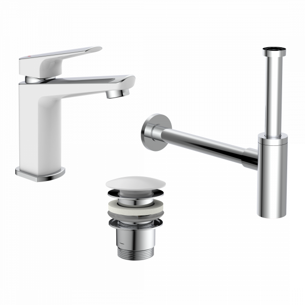 Bundle mit Badarmatur B2, Chrom/ Wei&szlig;, Ablaufgarnitur in Wei&szlig; und Flaschensiphon in Chrom