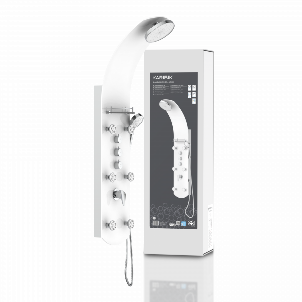 Duschpaneel KARIBIK, Wellnessdusche inkl. 6 Massaged&uuml;sen, Duscharmatur, Sicherheitsglas, Wei&szlig;