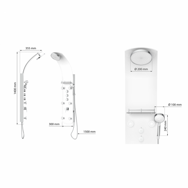 Duschpaneel KARIBIK, Wellnessdusche inkl. 6 Massaged&uuml;sen, Duscharmatur, Sicherheitsglas, Wei&szlig;
