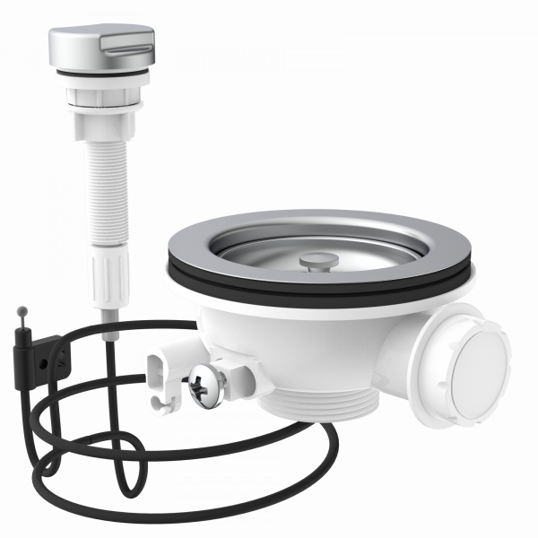 KS Korbventil mit Bowdenzug,1 1/2" AG, Edelstahl Ventilkelch und Sieb Ø114 mm, mit Überlaufanschluss"