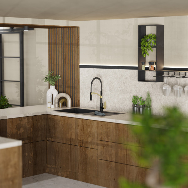 WK 3 in Schwarz/Gold, K&uuml;chenarmatur mit innovativem Spiralfeder-Design