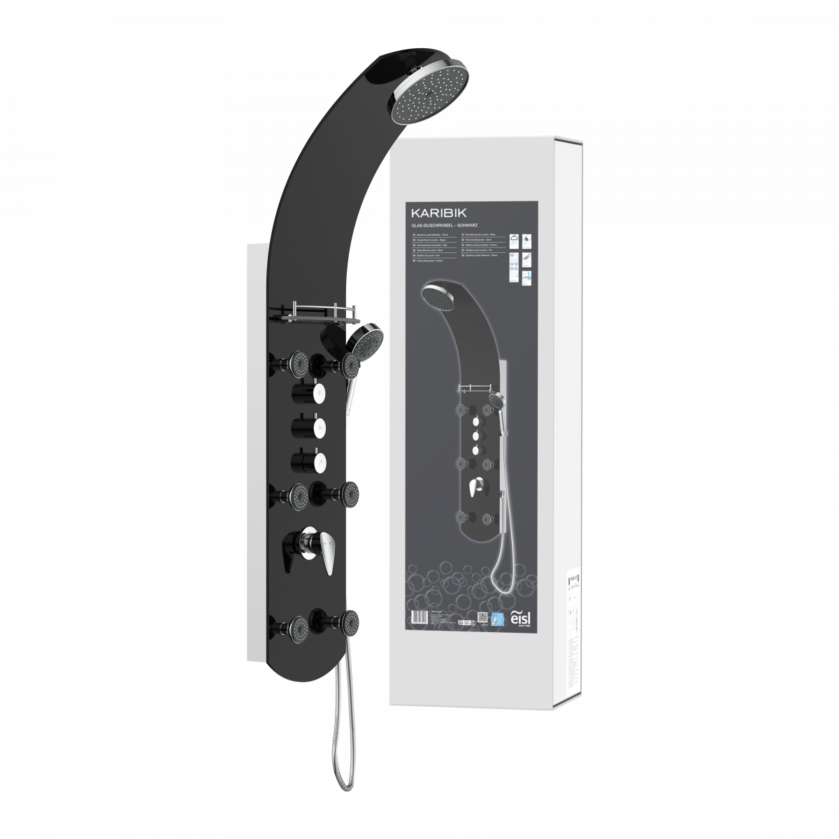 Duschpaneel KARIBIK, Wellnessdusche inkl. 6 Massagedüsen, Duscharmatur, Sicherheitsglas, Schwarz