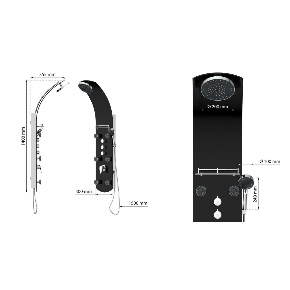 Duschpaneel KARIBIK, Wellnessdusche inkl. 6 Massagedüsen, Duscharmatur, Sicherheitsglas, Schwarz