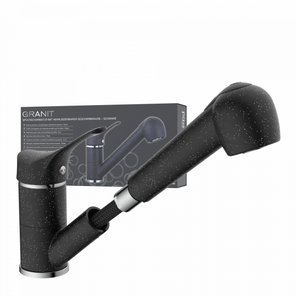 Sp&uuml;ltischarmatur GRANIT, herausziehbarer Geschirrbrause, schwenkbar, Granit/Schwarz
