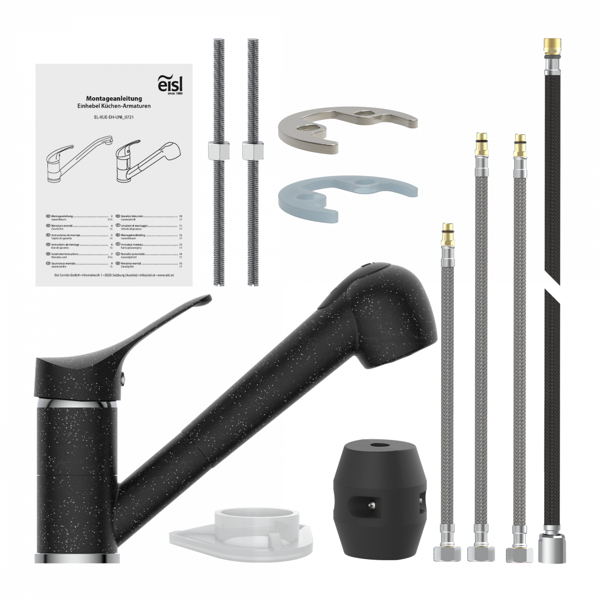 Spültischarmatur GRANIT, herausziehbarer Geschirrbrause, schwenkbar, Granit/Schwarz