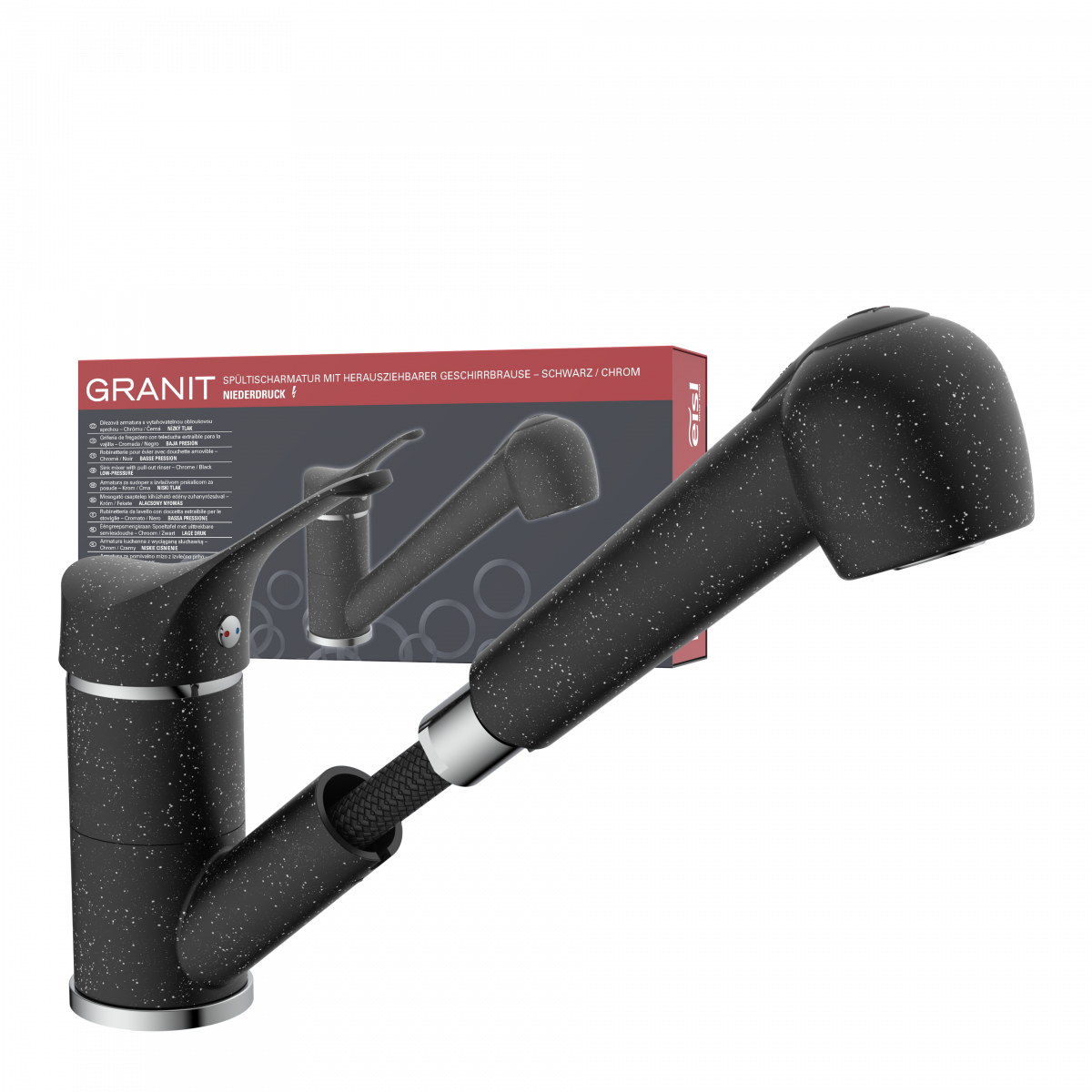 Spültischarmatur GRANIT, herausziehbarer Geschirrbrause, schwenkbar, Granit/Schwarz, Niederdruck