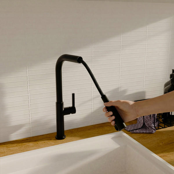 K&uuml;chenarmatur Cassia, in Schwarz matt mit herausziehbarer Geschirrbrause, Hochdruck