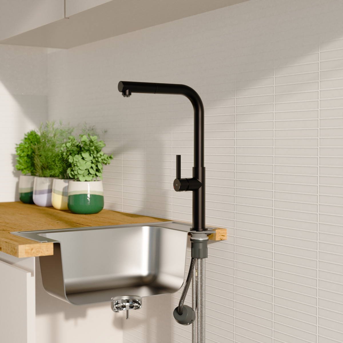 Küchenarmatur Cassia, in Schwarz matt mit herausziehbarer Geschirrbrause, Niederdruck