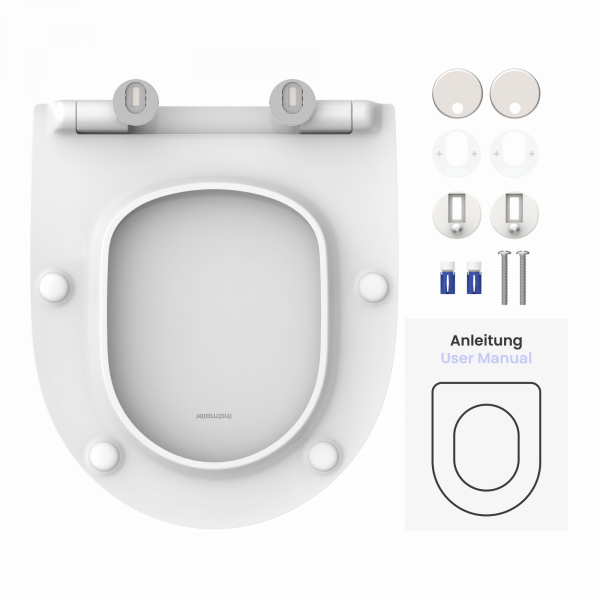 Weißer WC-Sitz mit Befestigungsteilen, Dübeln, Schrauben und Anleitung von oben.