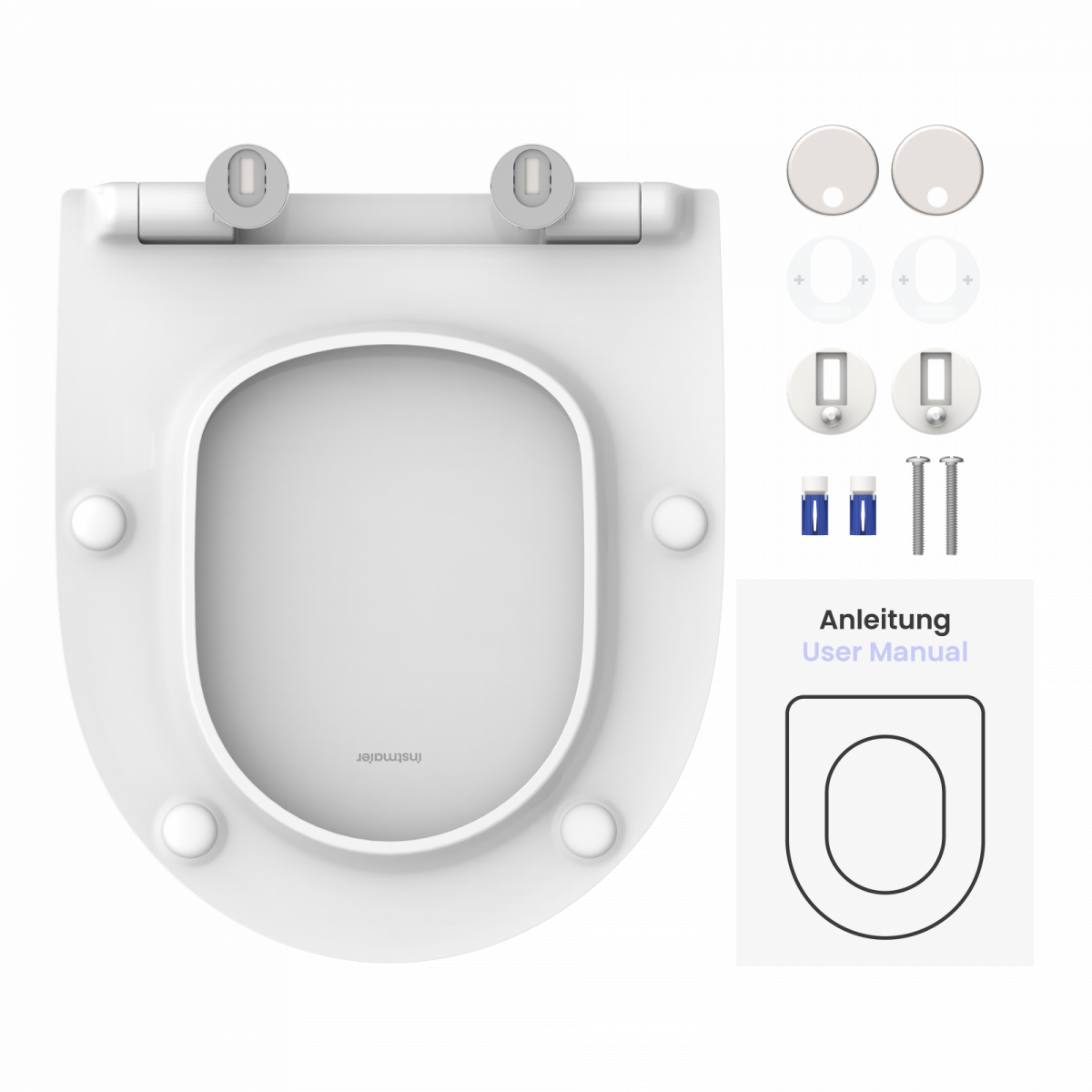 Weißer WC-Sitz mit Befestigungsteilen, Dübeln, Schrauben und Anleitung von oben.