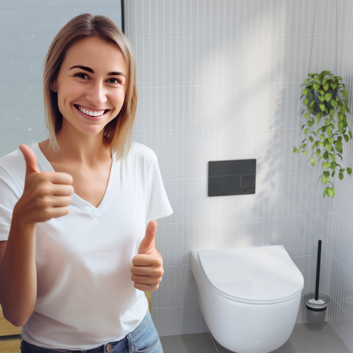Person steht in modernem Badezimmer vor Wand-WC und zeigt beide Daumen hoch.