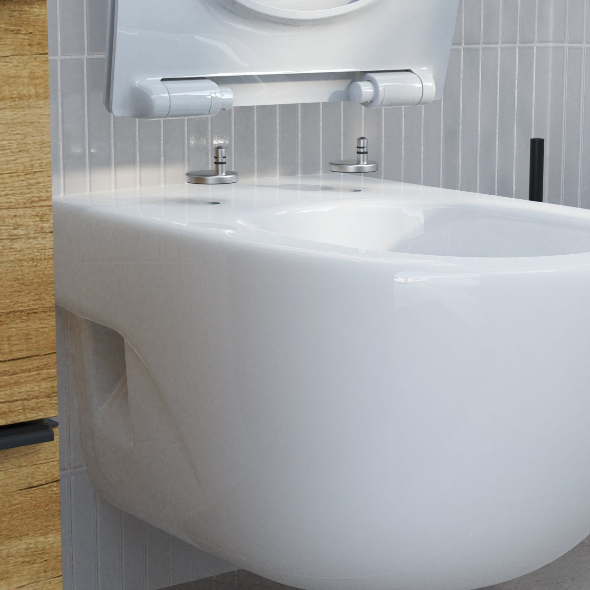 Nahaufnahme eines weißen WC-Sitzes welches an Wand-Bidet montiert wird