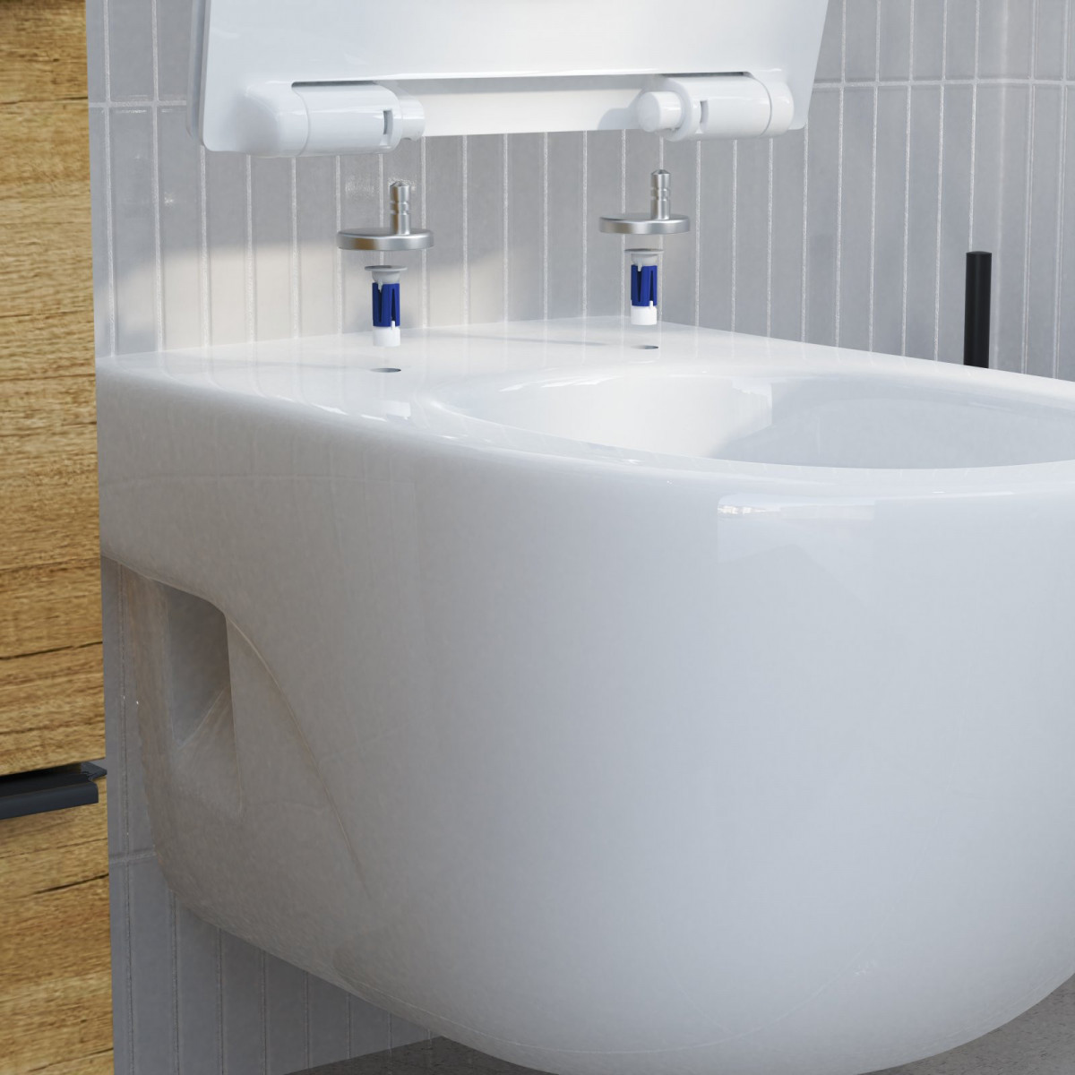 Nahaufnahme eines weißen WC-Sitzes welches an Wand-Bidet montiert wird