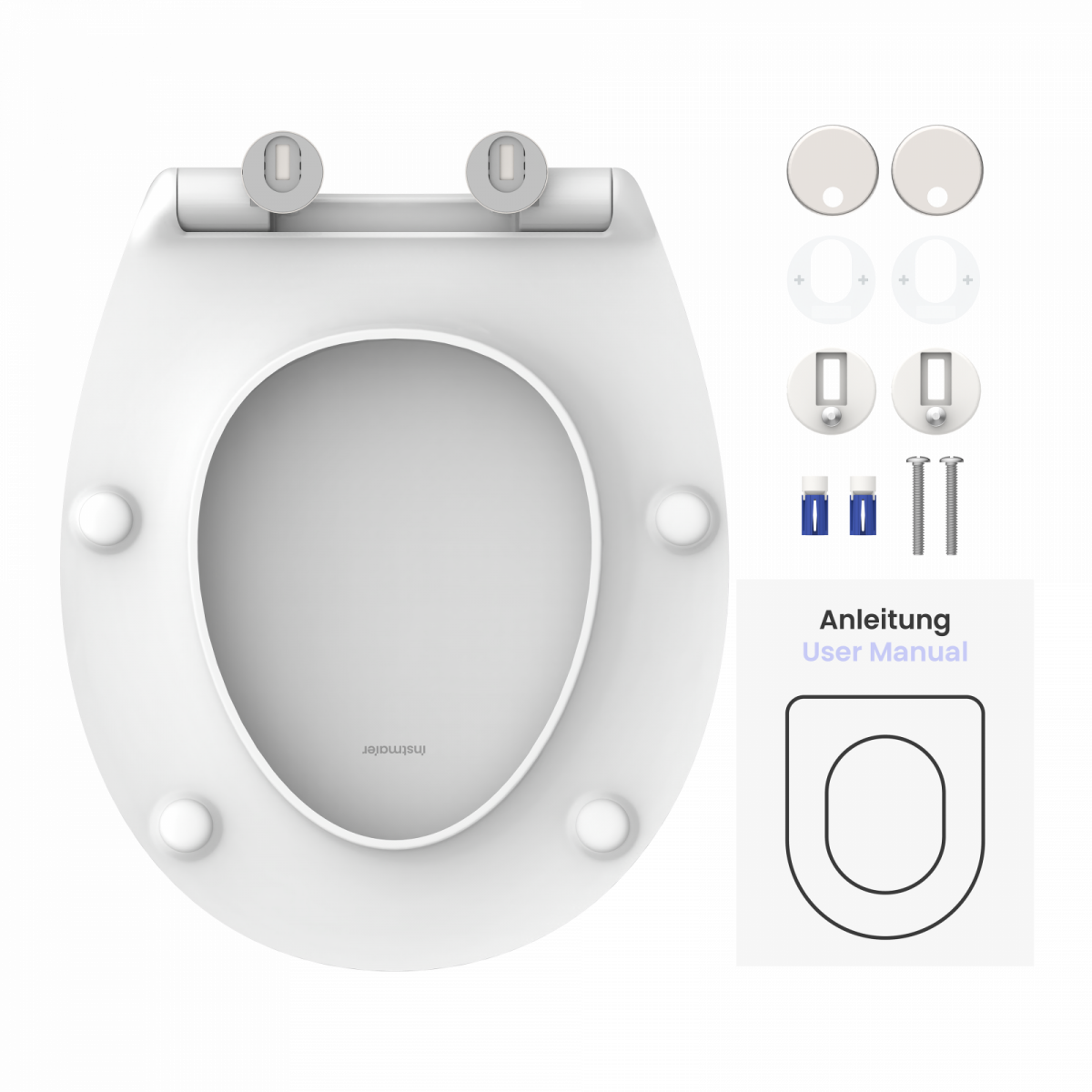 Weißer Toilettensitz mit Montageteilen, Schrauben, Dübeln und Anleitung.