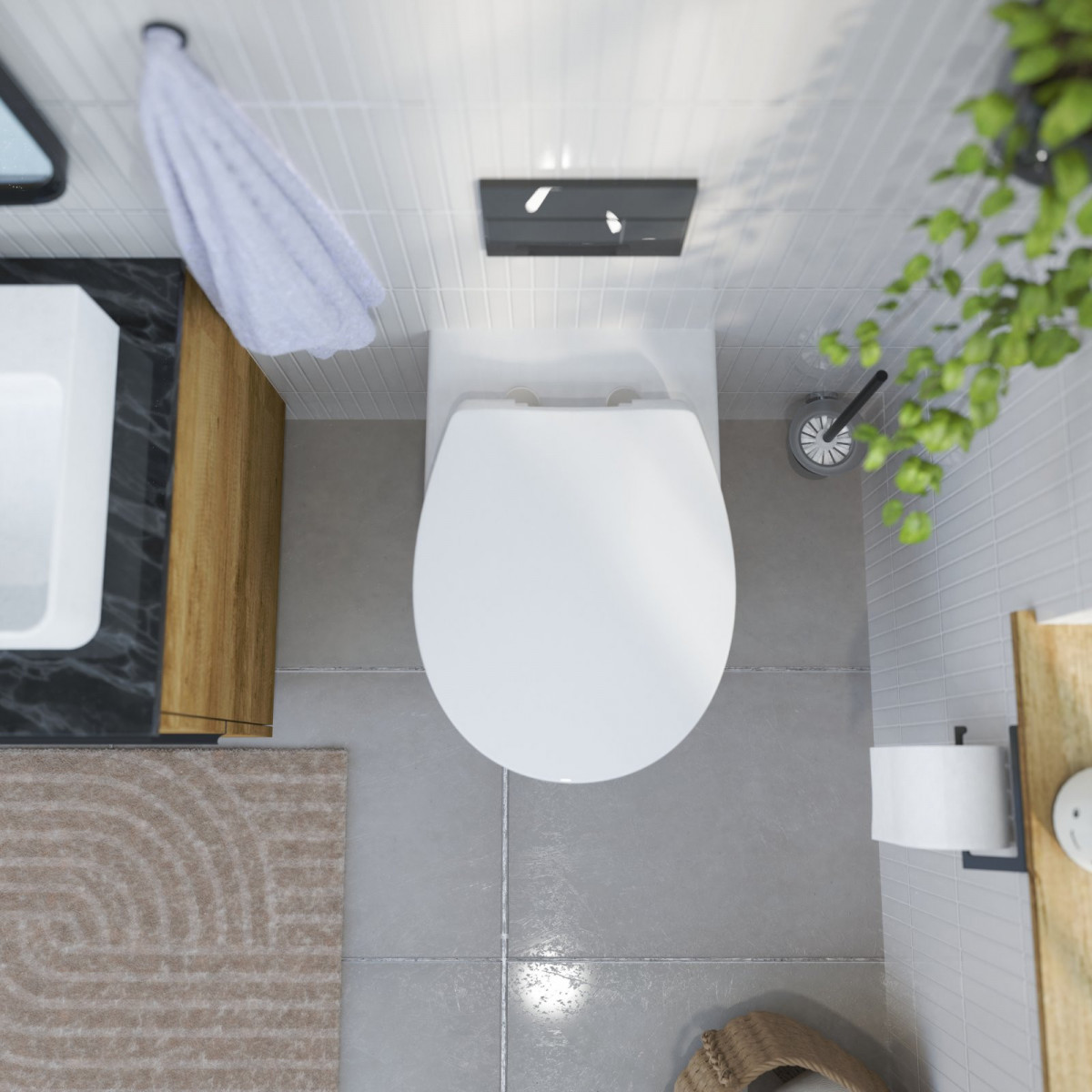 Weiße Wandtoilette mit geschlossenem weißen Deckel