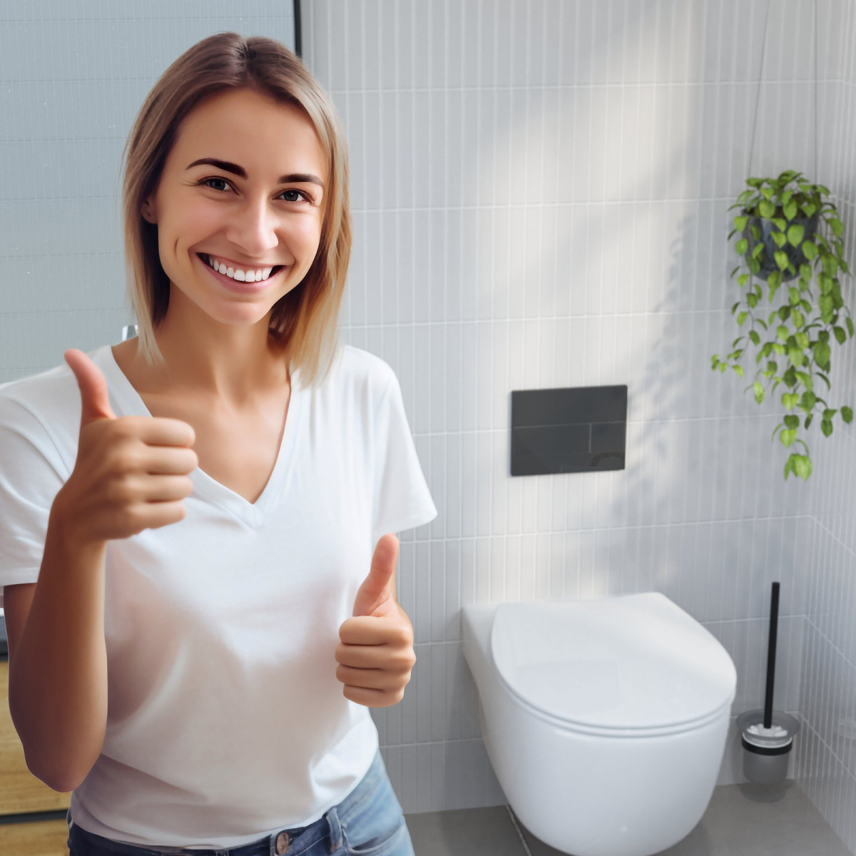 Person mit weißem T-Shirt zeigt Daumen hoch neben wandhängender Toilette und Bürste.