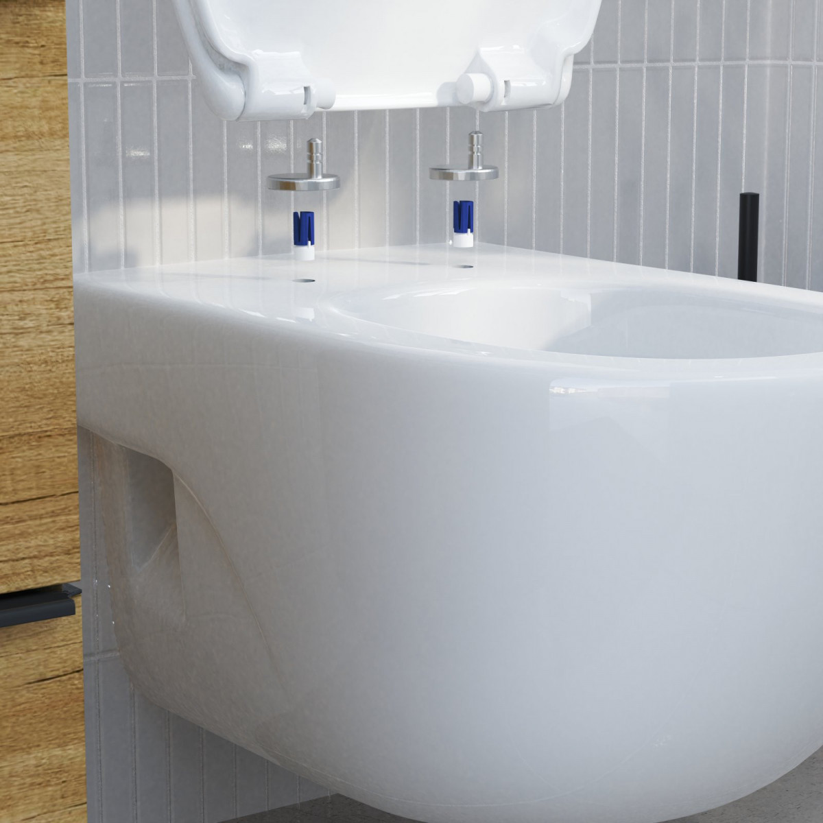 Nahaufnahme eines weißen WC-Sitzes welches an Wand-Bidet montiert wird