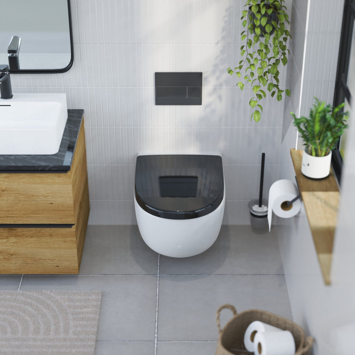 Wandhängendes WC mit schwarzem Deckel in D-Form in modernem Badumfeld