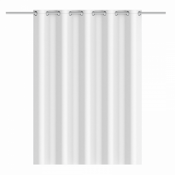 Weißer Duschvorhang mit Ösen an einer Metallstange, frontal dargestellt.
