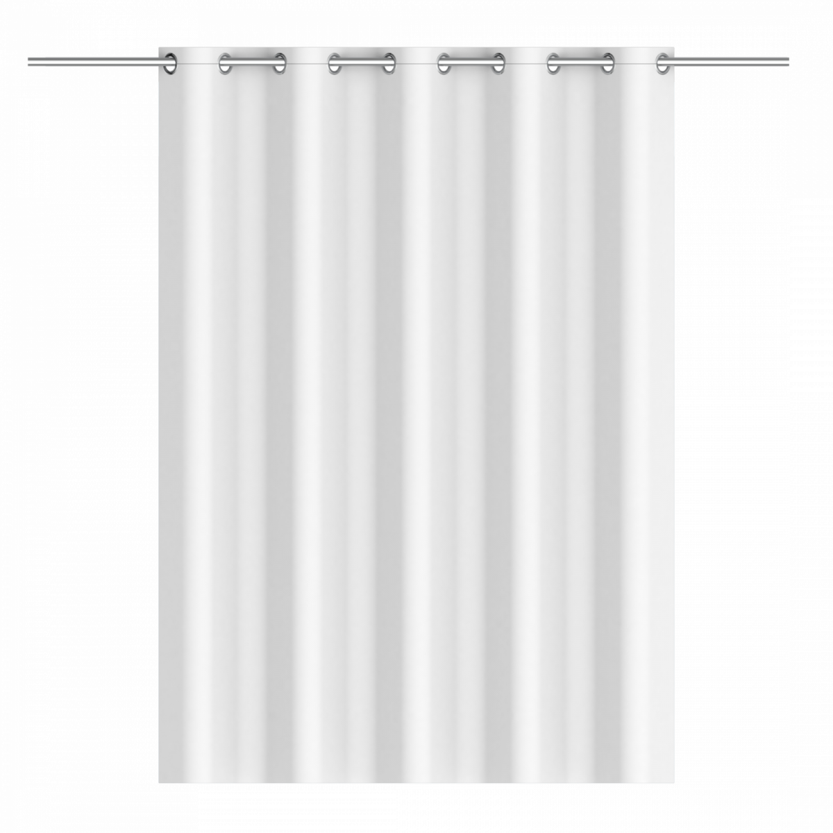 Weißer Duschvorhang mit Ösen an einer Metallstange, frontal dargestellt.
