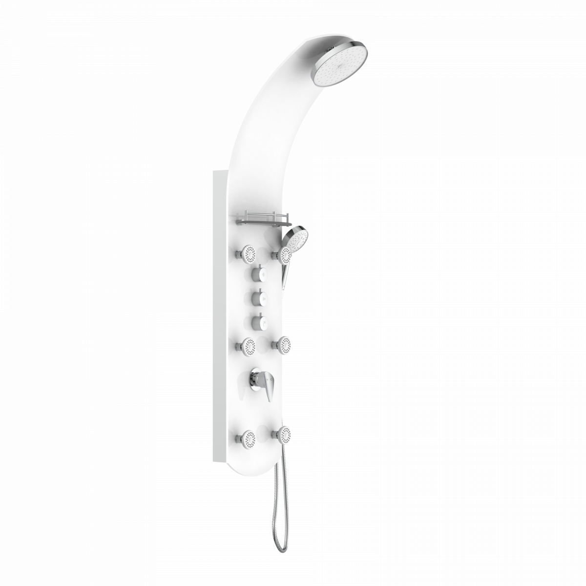 Weiße Duschsäule mit Überkopfbrause, Handbrause, Reglern und mehreren Massagedüsen.