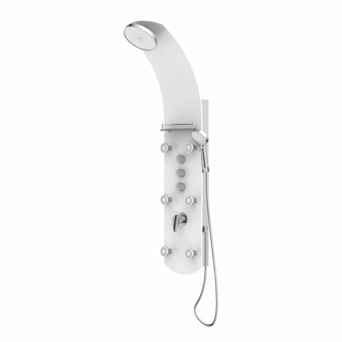 Silbernes Duschpaneel mit Kopfbrause, Handbrause, Reglern und sechs Massagedüsen.