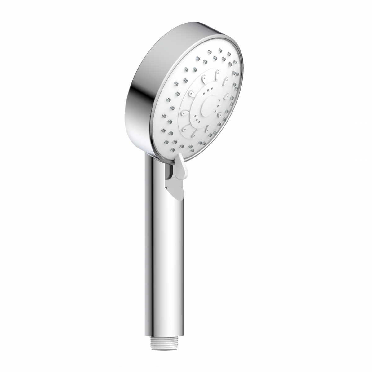 Runde Handbrause aus verchromtem Metall mit mehreren Wasserstrahldüsen.