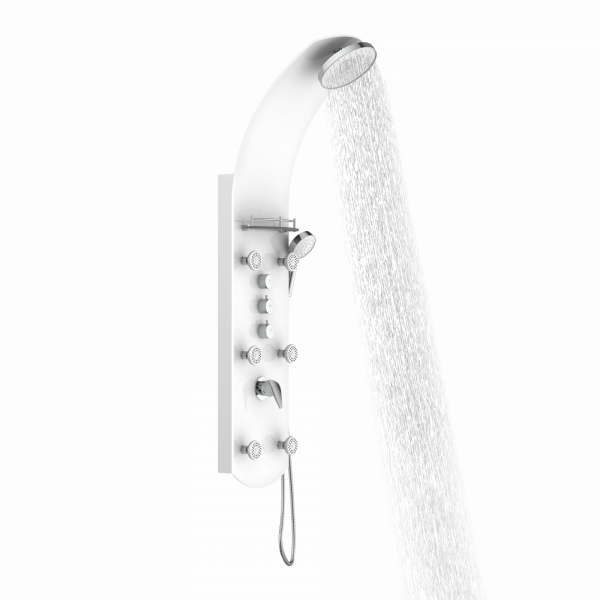 Weißes Duschpaneel mit Regendusche, Handbrause, Steuerknöpfen und seitlichen Düsen.