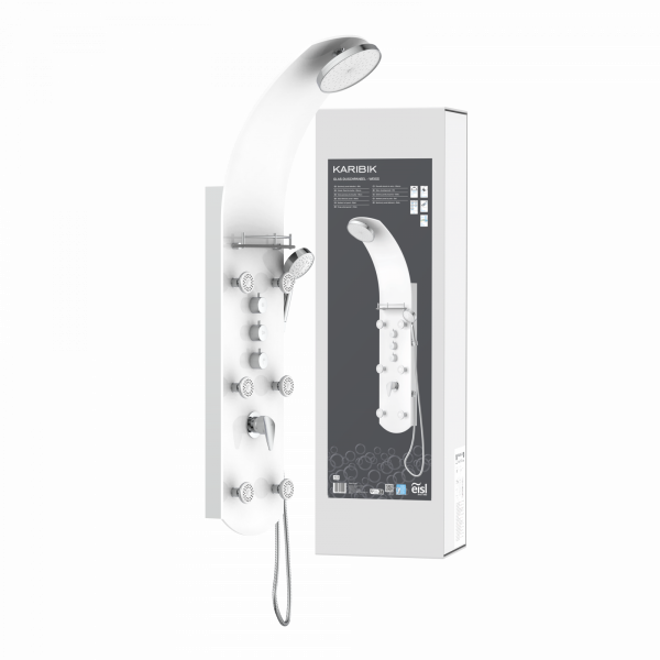 Weißes Duschpaneel mit großer Kopfbrause, Handbrause, Massagedüsen und Verpackung - Karibik.