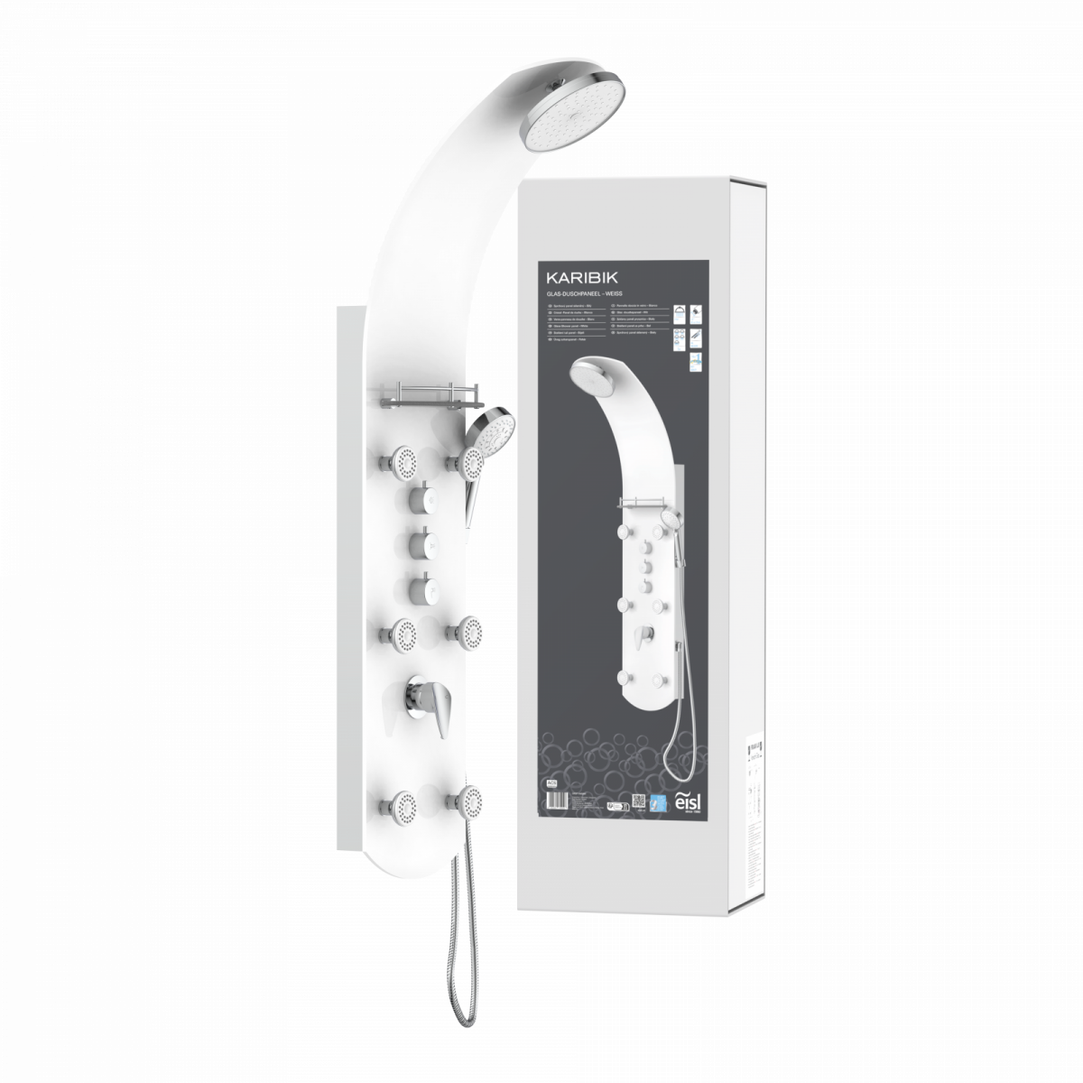 Weißes Duschpaneel mit großer Kopfbrause, Handbrause, Massagedüsen und Verpackung - Karibik.