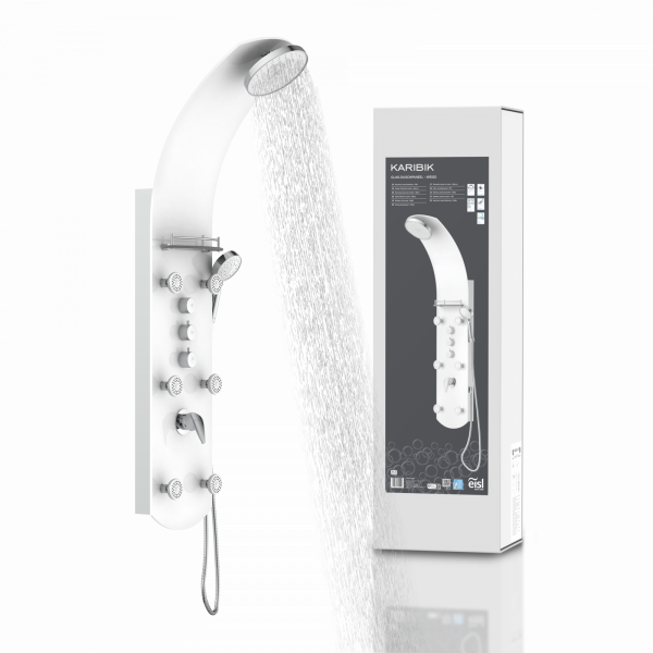 Weiße Duschsäule mit mehreren Düsen, Handbrause und Kartonverpackung daneben.