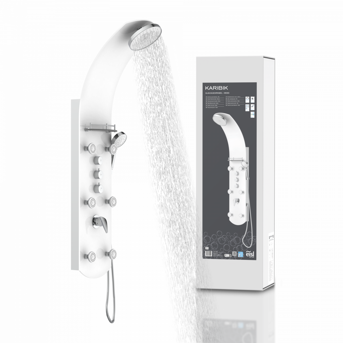 Weiße Duschsäule mit mehreren Düsen, Handbrause und Kartonverpackung daneben.