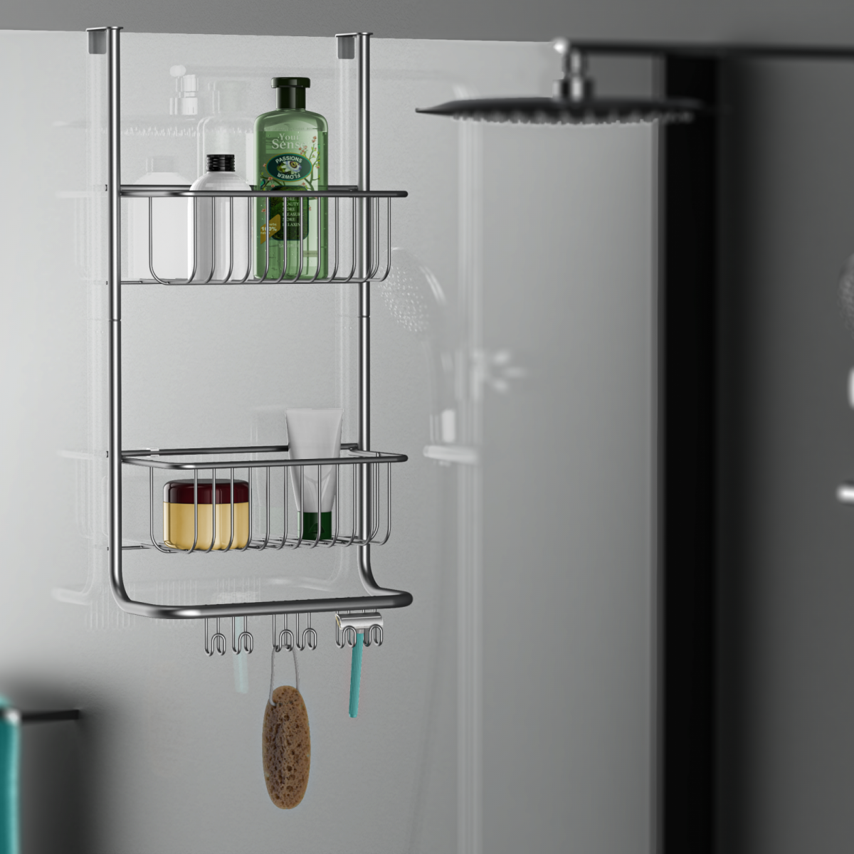 Zweistöckiges Duschregal aus Metall mit Haken und befüllten Ablagen in einer Dusche.