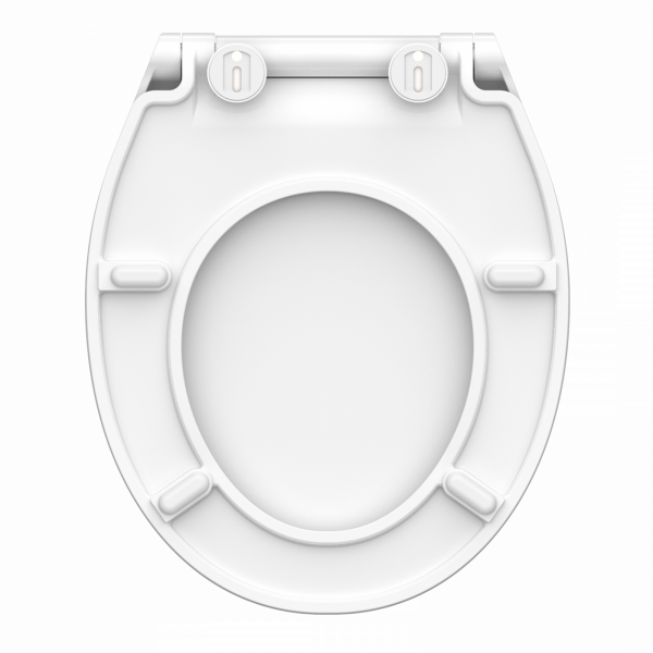Weiße Toilettensitzunterseite mit Scharnieren und vier runden Auflageflächen.