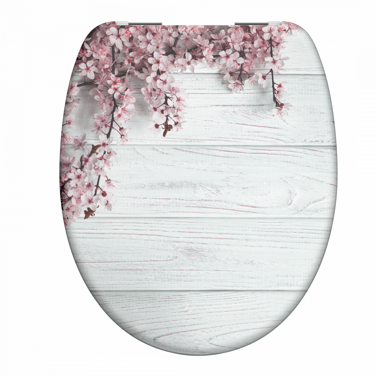 Toilettensitz mit weißer Holzoptik und rosa Blütenmuster am oberen Rand