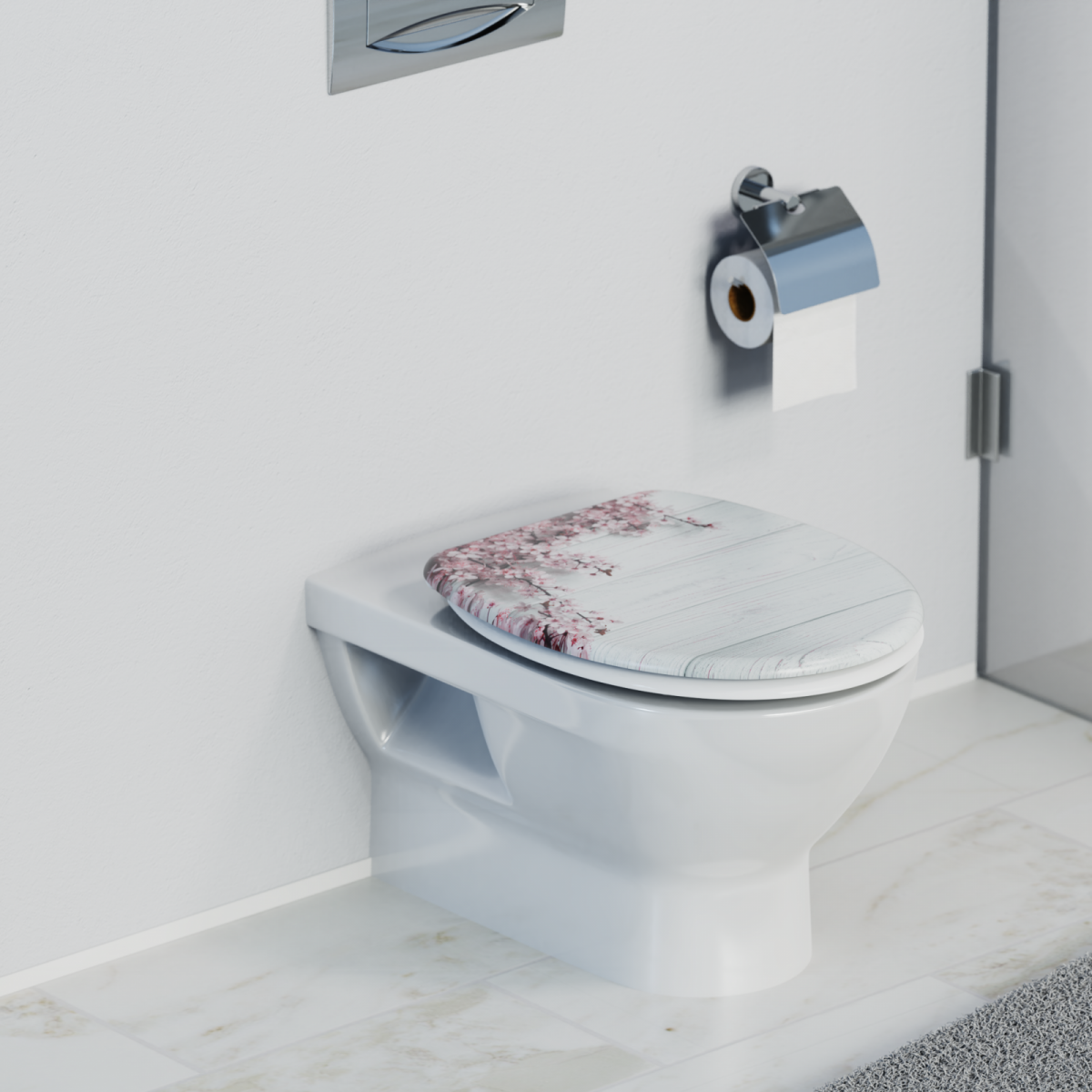 Wandhängende weiße Toilette mit Toilettendeckel in Holzoptik und Blumenmuster.