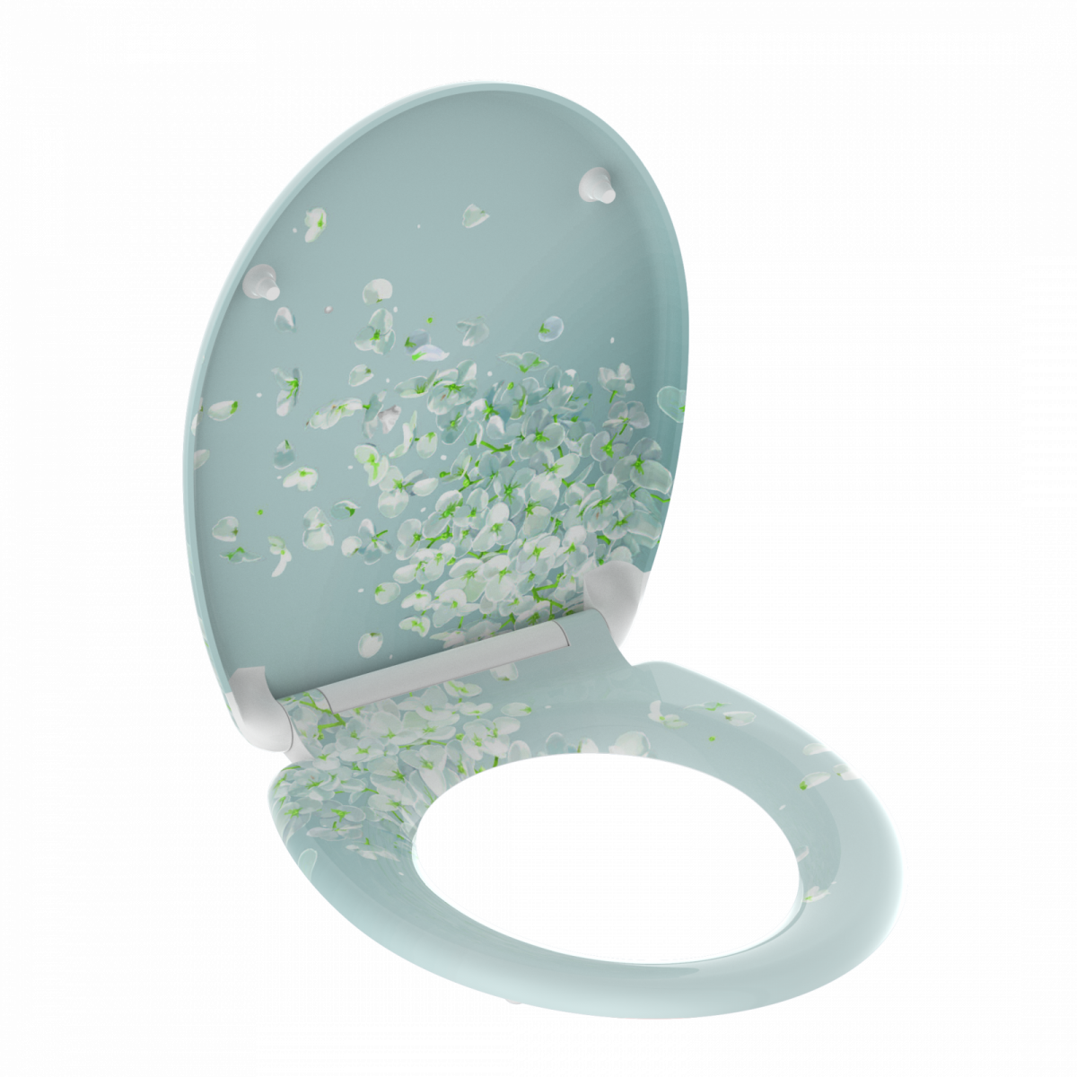 Hellblauer WC-Sitz mit Blütenmuster in Weiß und Grün auf Deckel und Brille.