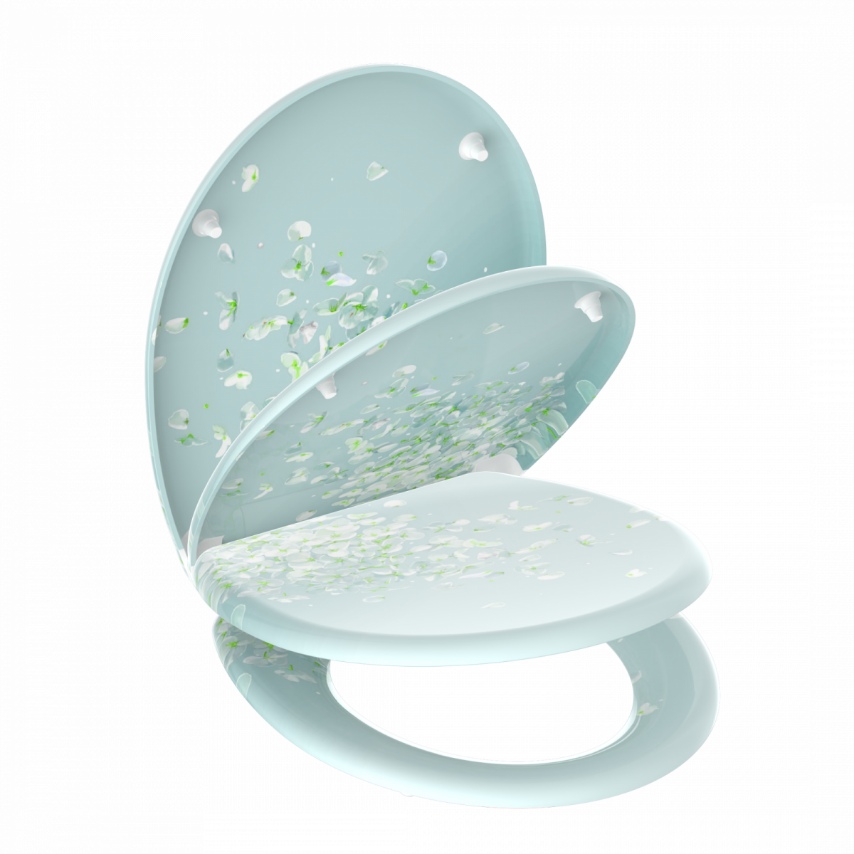 Hellblauer Toilettensitz mit Blumen Musterung aus weißen und grünen Blütenblättern.