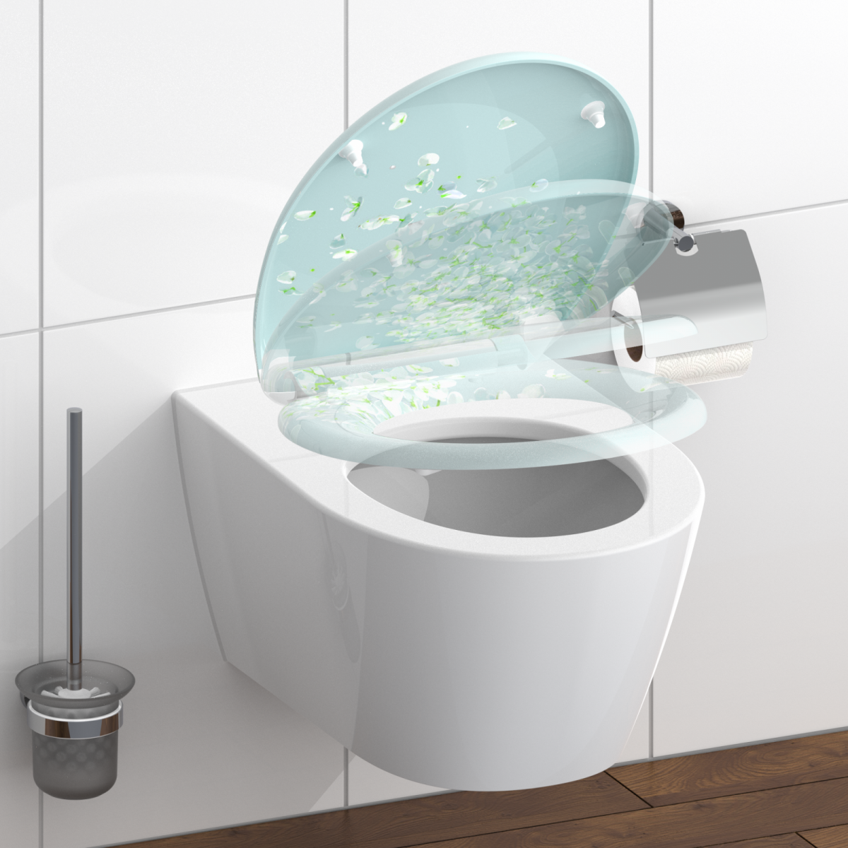 Wandhängende weiße Toilette mit geöffnetem Deckel und Toilettenbürste daneben.
