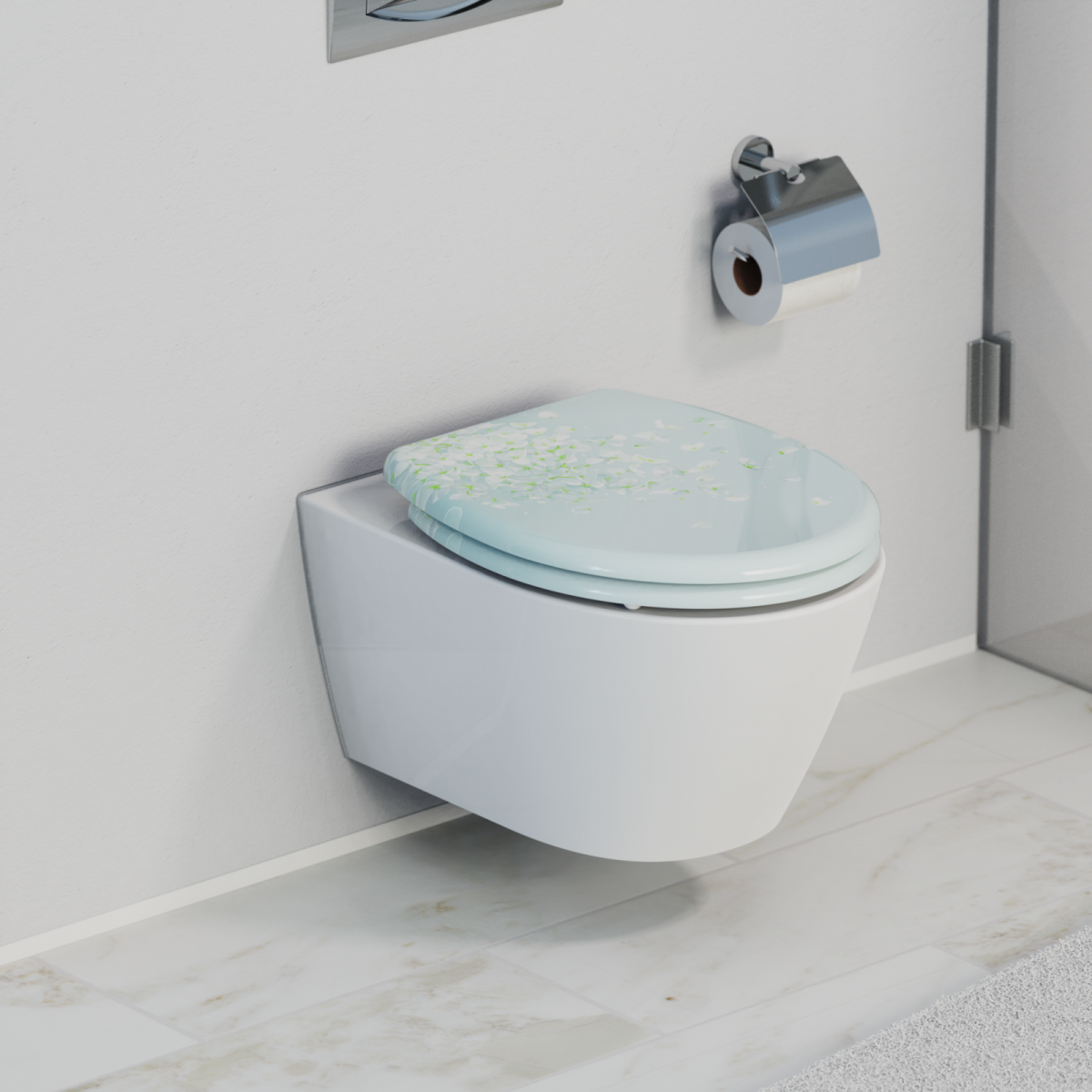 Wandhängendes WC mit hellblauem Toilettensitz und floralem Muster, daneben Papierhalter.