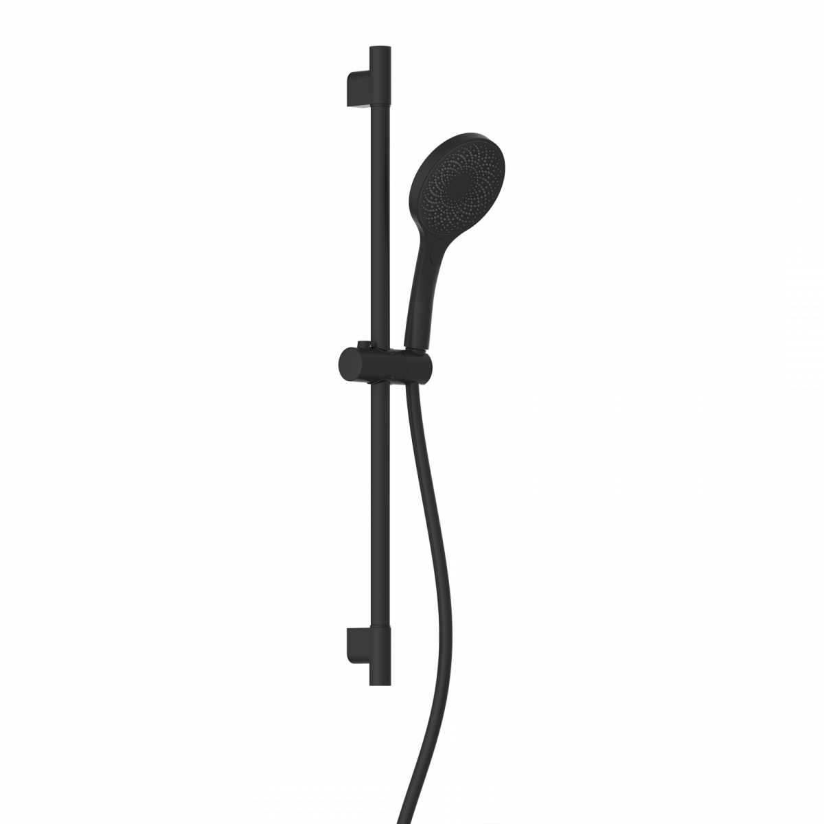 Schwarze Handbrause mit Halterung, Wandstange und flexiblem Duschschlauch.