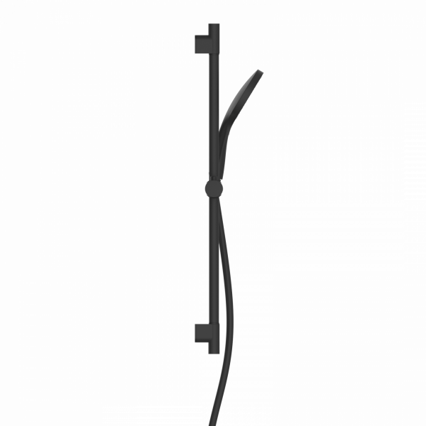 Schwarze Handbrause mit passender Wandstange und flexiblem Duschschlauch.