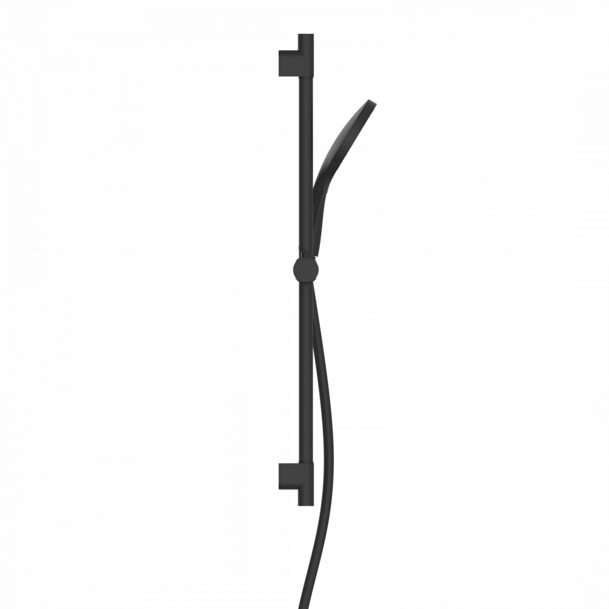 Schwarze Handbrause mit passender Wandstange und flexiblem Duschschlauch.