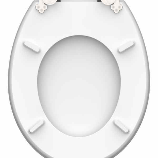 Weißer ovaler WC-Sitz mit vier Abstandshaltern und zwei Scharnieren an der Rückseite.