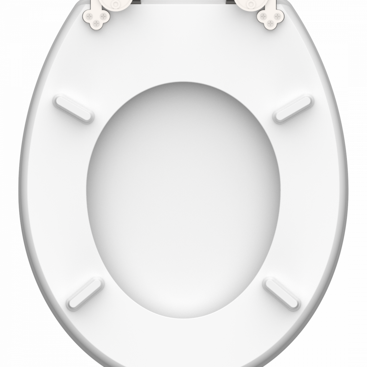 Weißer ovaler WC-Sitz mit vier Abstandshaltern und zwei Scharnieren an der Rückseite.