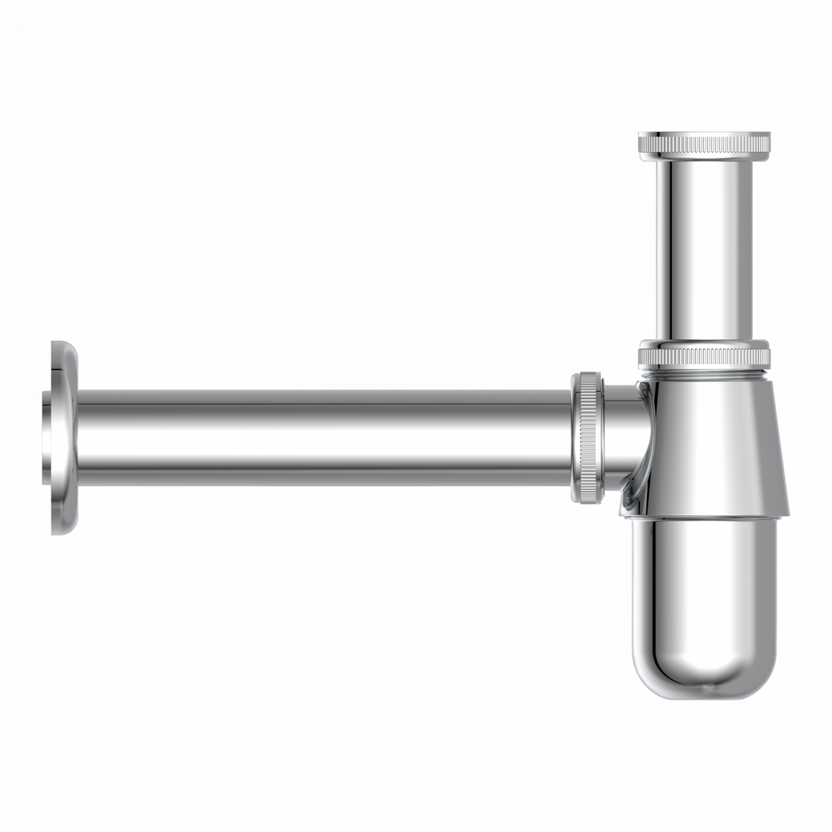Verchromter Flaschensiphon mit geradem Wandanschluss und senkrechtem Ablaufrohr.