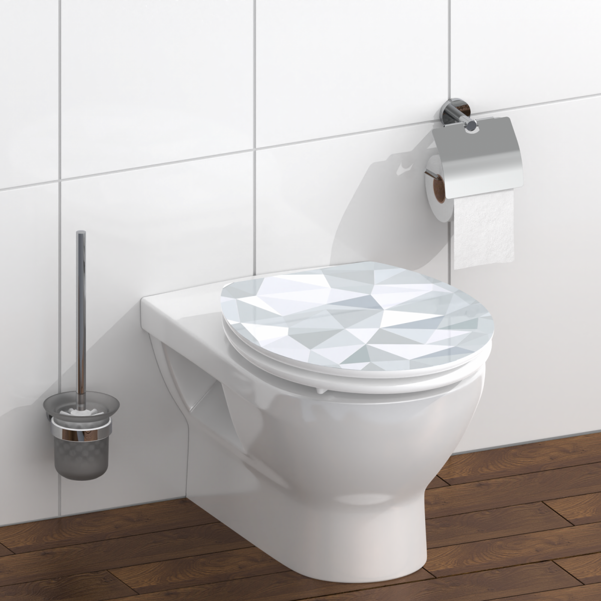 Wandhängendes WC mit geschlossenem WC-Sitz in grauem Facettenmuster und Toilettenbürste.