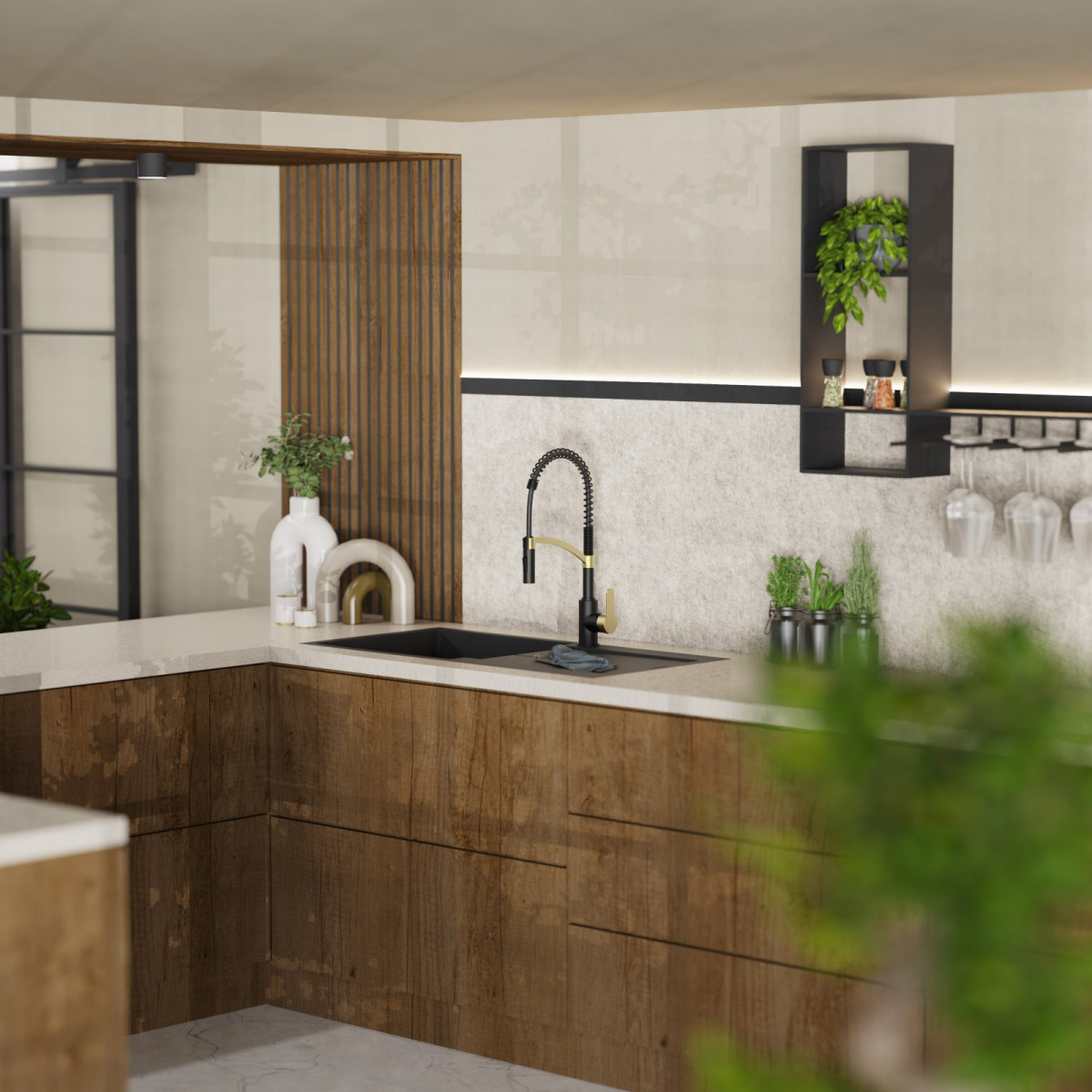 WK 3 in Schwarz/Gold, Küchenarmatur mit innovativem Spiralfeder-Design